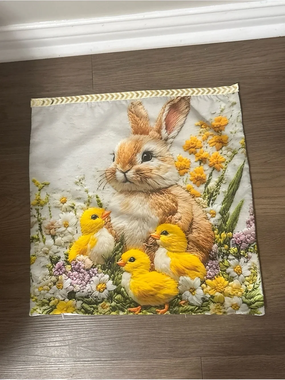 Spring Bunny & Chicks Accent Pillow Cover in Yellow and Cream